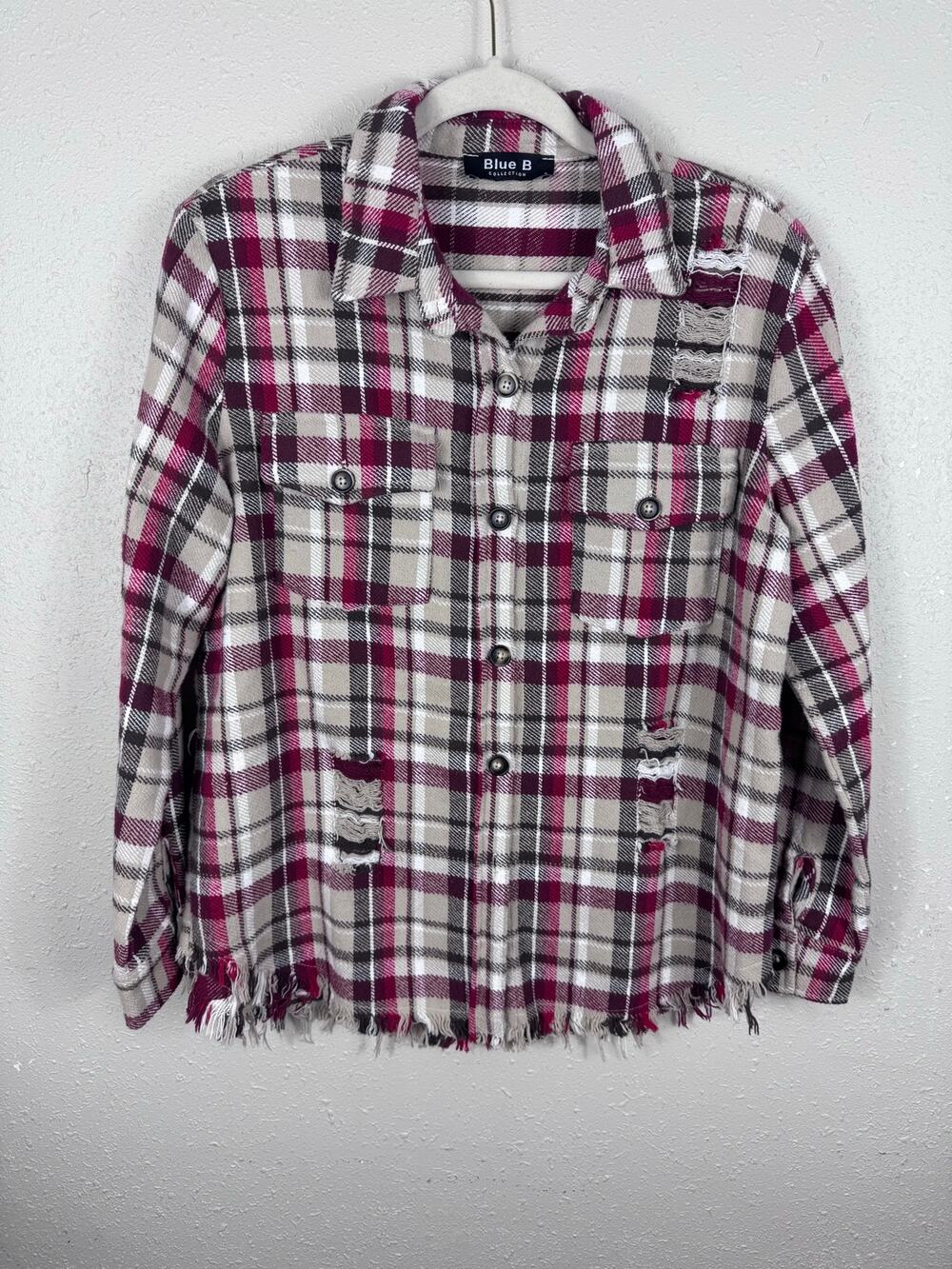 Blue B Collection Distressed Plaid Shirt Womens Size Small